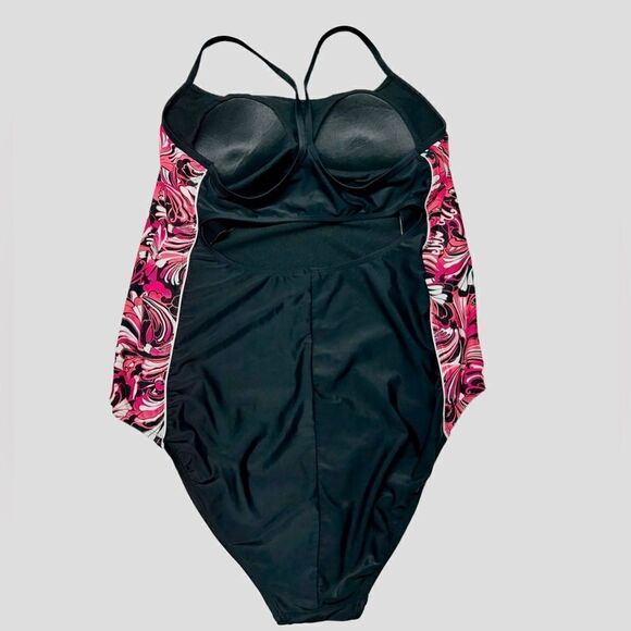Catalina Black and Pink One Piece Swimsuit Bathing Suit Scoop Open Back 2X - Picture 4 of 5